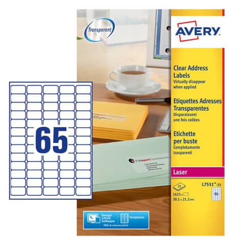 Etichette poliestere trasparenti lucide AVERY QuickPEEL™ 38,1x21,2 mm - 65 et/foglio - laser conf. 25 ff L7551-25